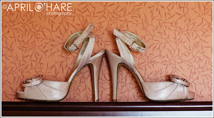Beige champagne colored rosette high heel wedding shoes