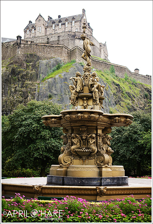 Gold Ross fountain near Edinburgh Castle in Princes Street Gardens