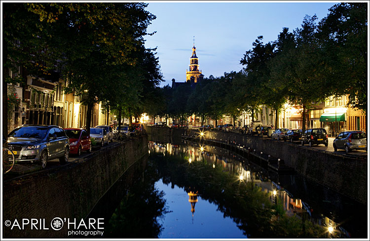 View of a canal at night in Gouda