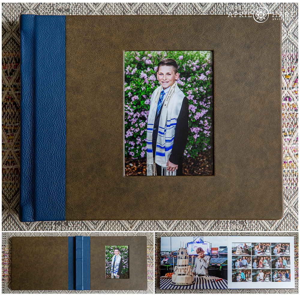 11x14" Bar Mitzvah Album from Finao featuring Wedgewood Blue Leather on Spine and Bomber Jacket brown leather on the cover