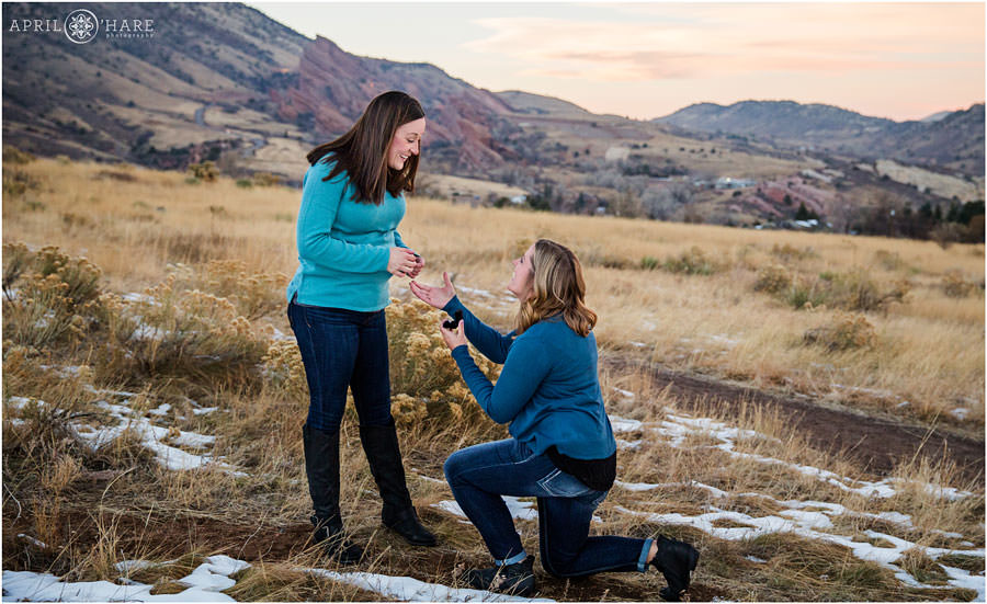 Colorado Lesbian Wedding Proposal with Red Rocks in the Backdrop