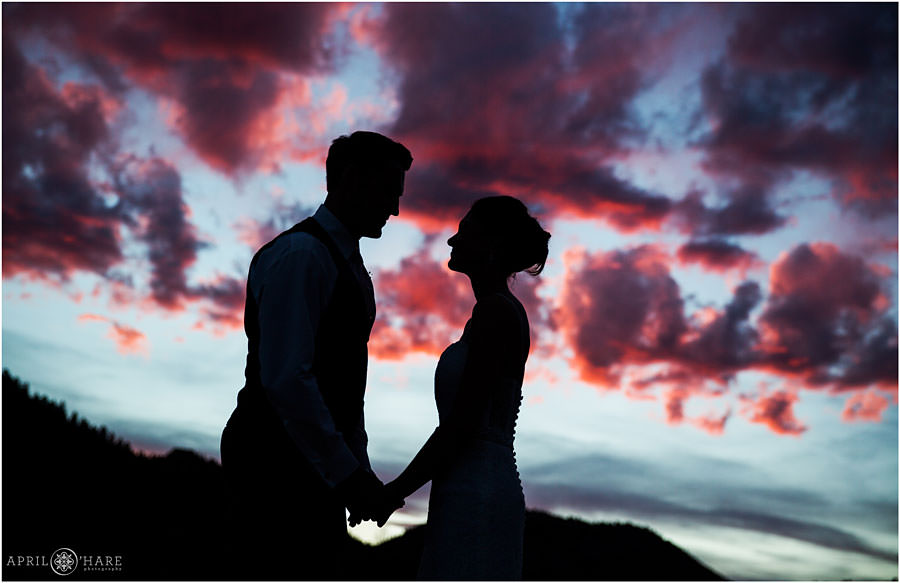 Pretty Silhouette Wedding Portrait at Sunset in Evergreen Colorado