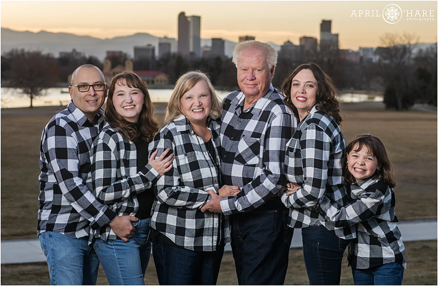 Family wearing black and white checkered button up shirts at City Park