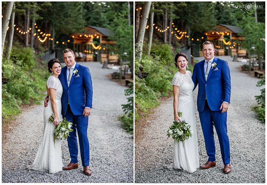 Groom in Blue Suit with Vintage Styled Bride at Blackstone Rivers Ranch