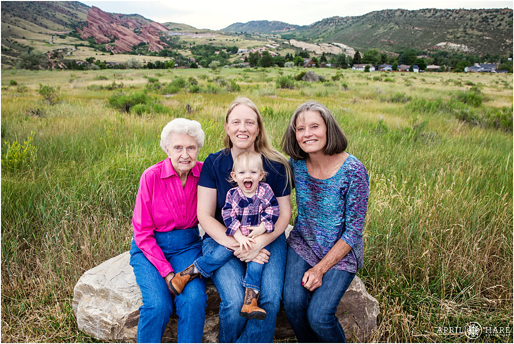 a 4 generation portrait photo session at Mount Falcon in Morrison Colorado