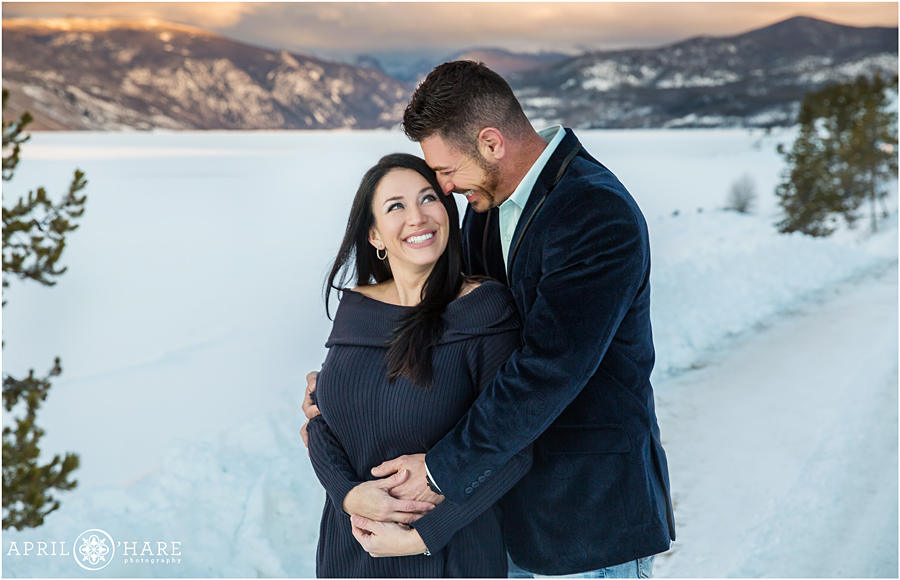 Cute couple photo at Lake Granby during winter in Colorado