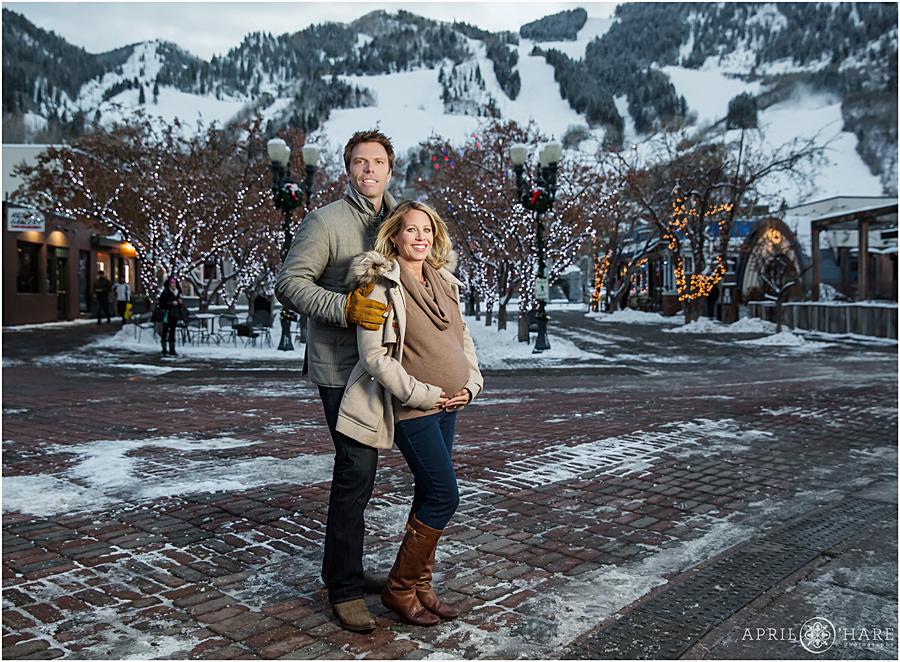 Aspen Maternity Photos in front of the slopes in downtown Aspen Colorado