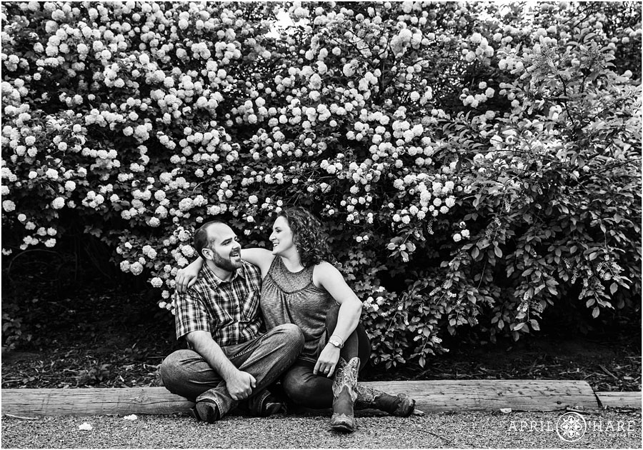 B&W engagement photo with spring blossoms at Hudson Gardens