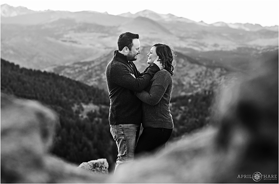 Pretty B&W Photo of a couple at Lost Gulch overlook at their engagement photography session in Boulder