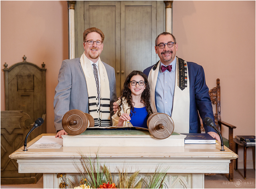 Portraits with the Torah at a Temple Emanuel Bat Mitzvah Service in Denver Colorado