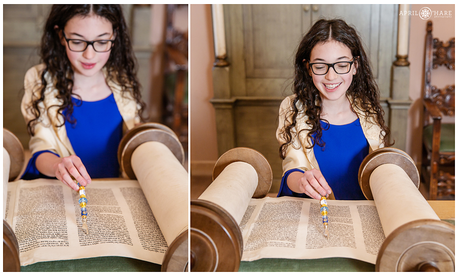 Young lady reads from the Torah at her Temple Emanuel Bat Mitzvah in Denver Colorado