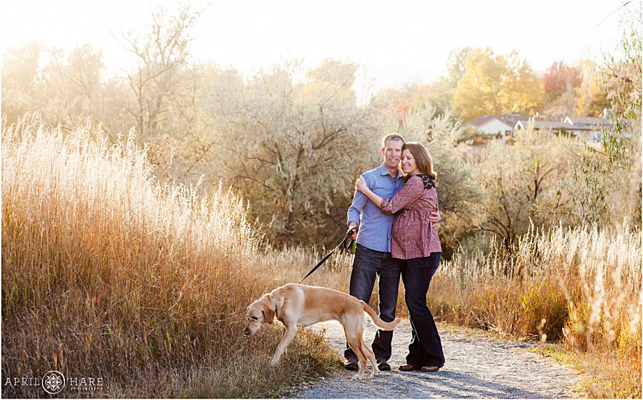 Majestic Park Maternity Photos with a dog during fall color season in Arvada CO