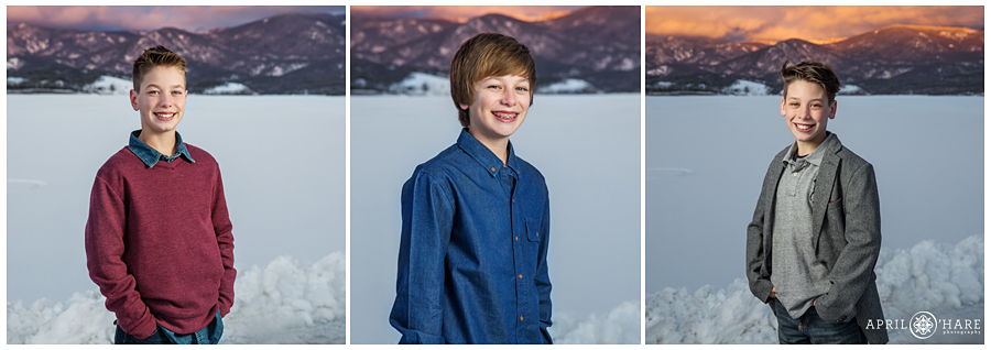 Cute photos of three brothers at Lake Granby during Colorado in Winter