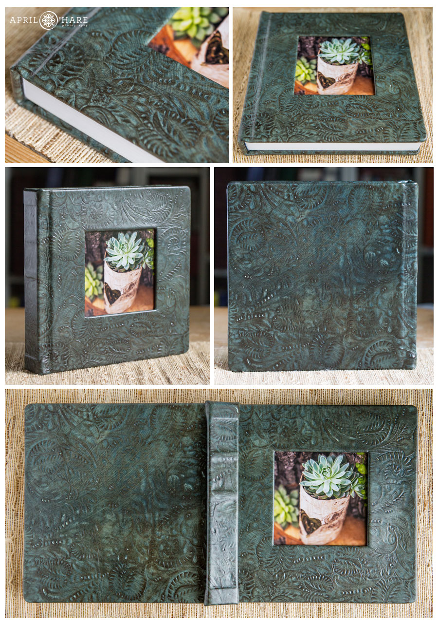 Cabana green floral leather for a wedding album by Finao