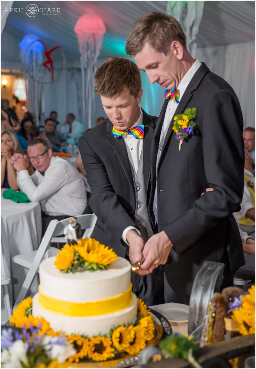 Cutting cake at Boulder Gay Wedding at Chautauqua