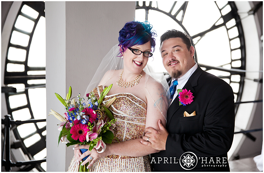 Bright and Colorful Wedding with bride wearing a Glitter Wedding Dress and Bright Blue and Purple hair
