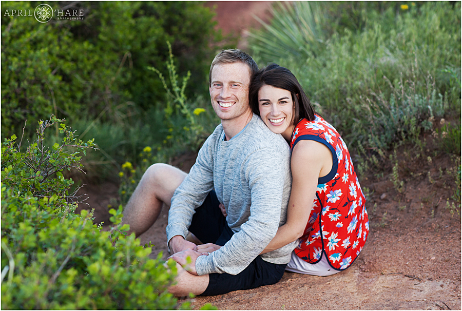 East Mount Falcon Engagement Photos during Spring with Green Plants