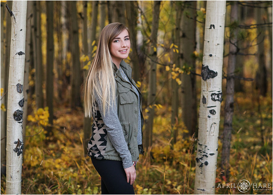 Pretty Colorado Mountain Senior Photography with Aspen Trees During Fall