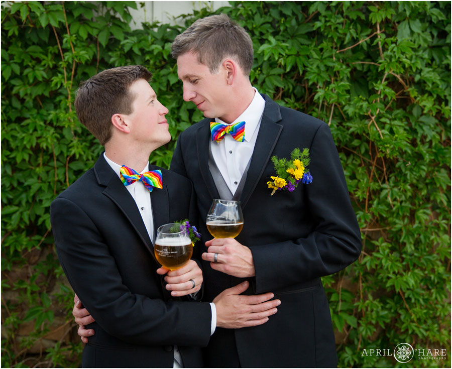 Two grooms pose for an impromput portrait at their Boulder Gay Wedding at Chautauqua