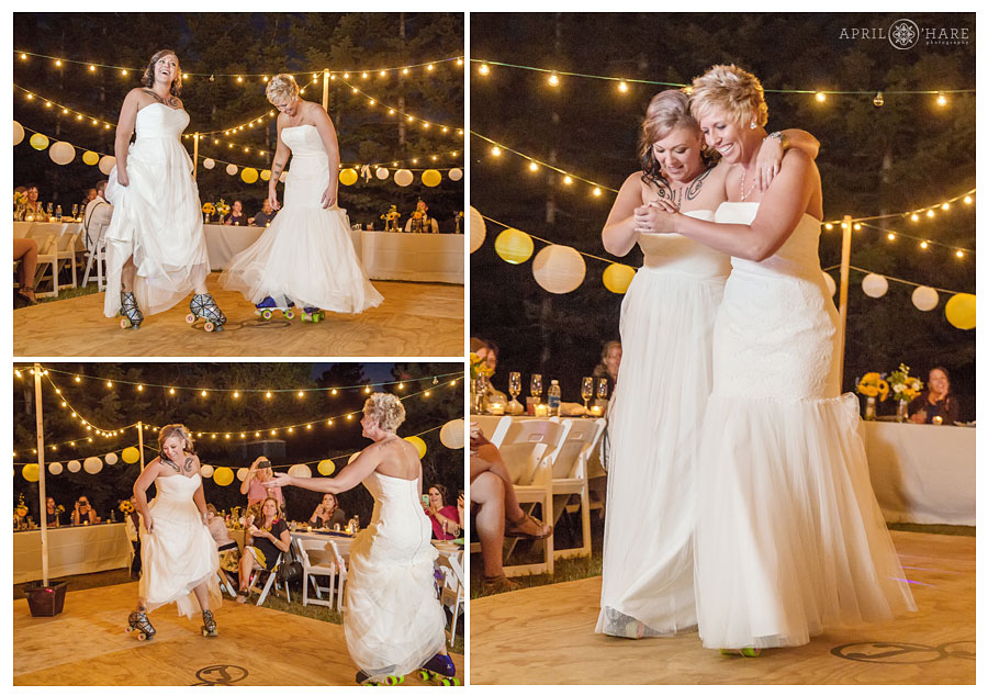 Two brides roller skate their first dance at their adorable Backyard Lesbian Wedding