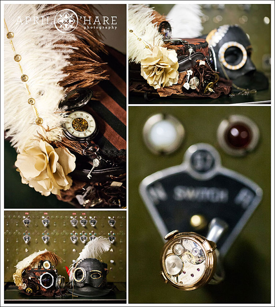 A photo collage of some Steampunk style engagement accessories shot in front of an old fashioned train switchboard at the Colorado Railroad Museum in Golden Colorado during a winter engagement session with April O'Hare Photography based in Denver Colorado.