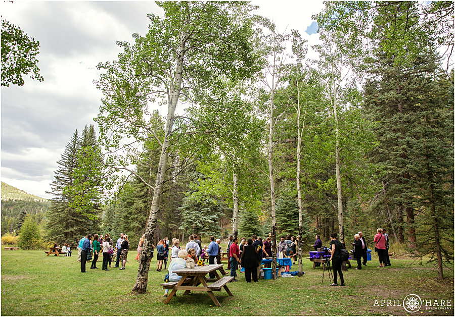 Colorado Boho Wedding outdoor picnic mini reception in the woods