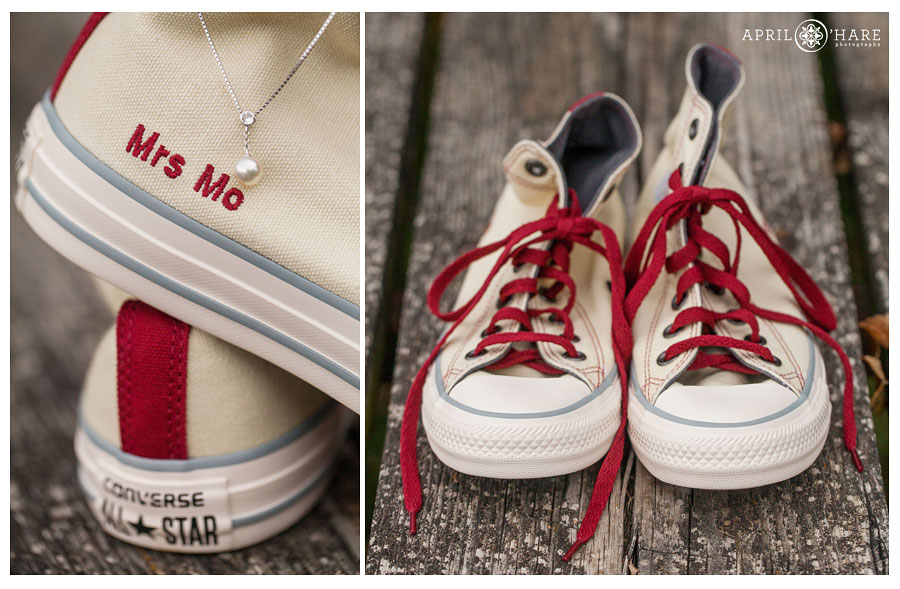 Custom embroidered converse all stars with red shoelaces at a Nebraska Farm Wedding