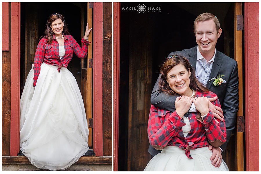 Adorable rustic bride wearing red plaid over her dress from a Crested Butte wedding photographer