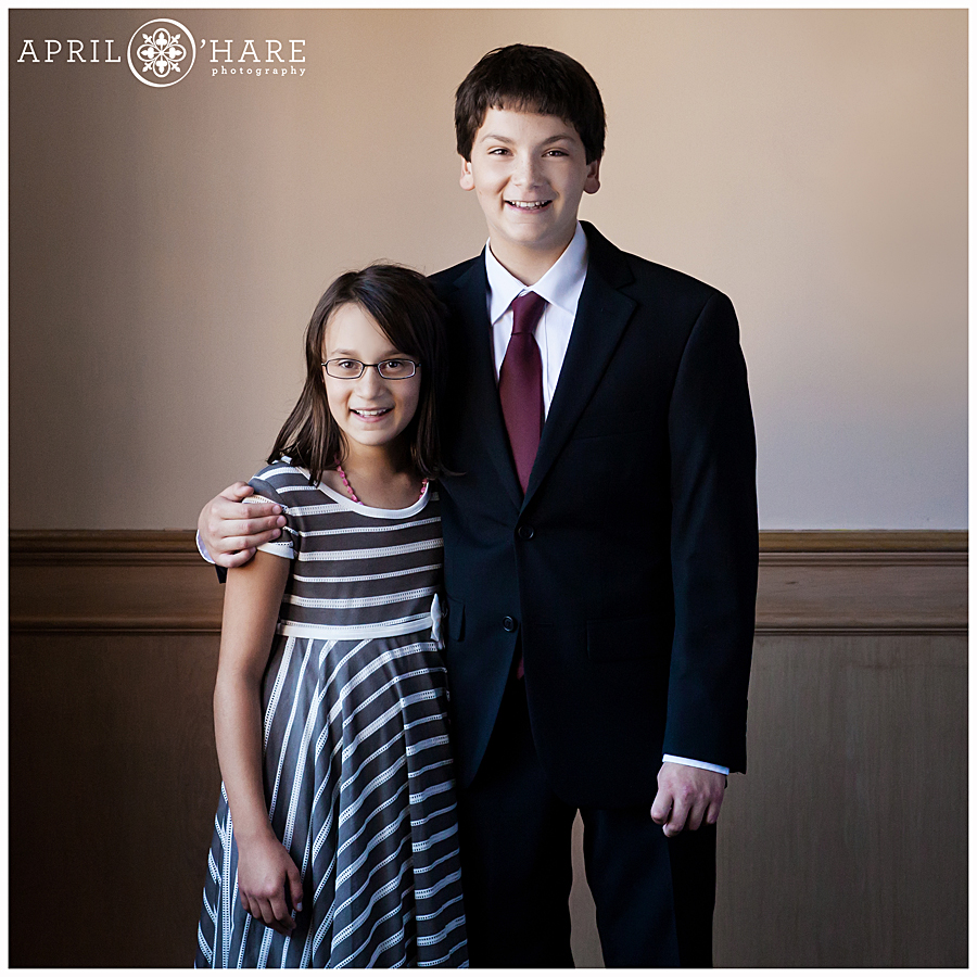 Sibling portrait from a Temple Micah Bar Mitzvah in Denver Colorado