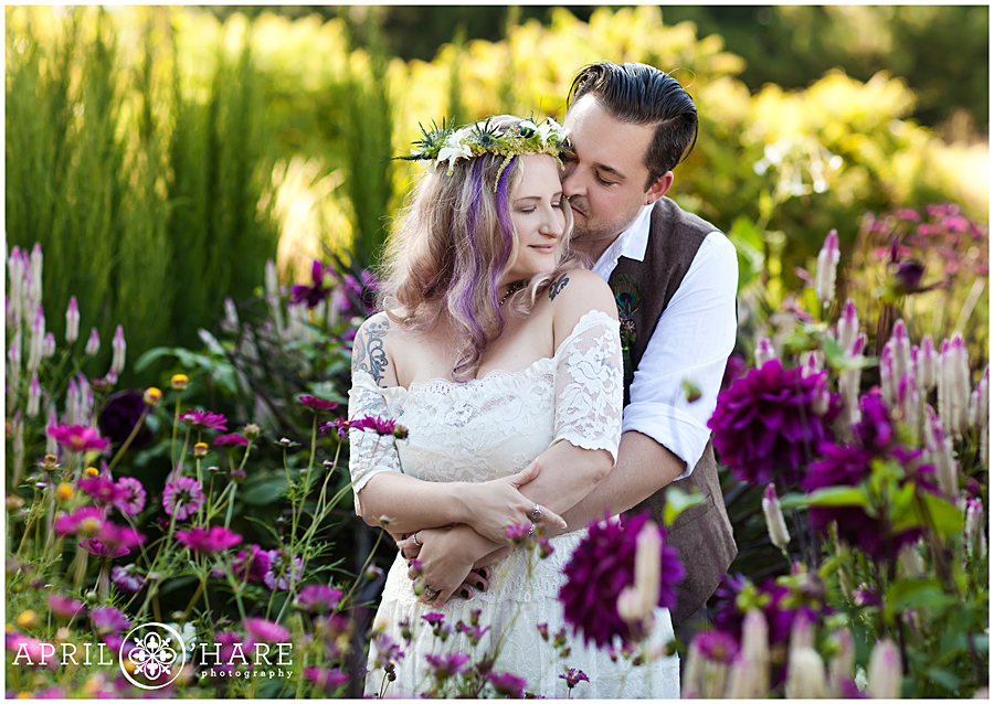Romantic wedding photo at a Denver Bohemian Wedding in a garden setting