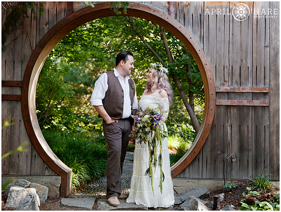 Beautiful boho wedding portrait in a garden in Denver