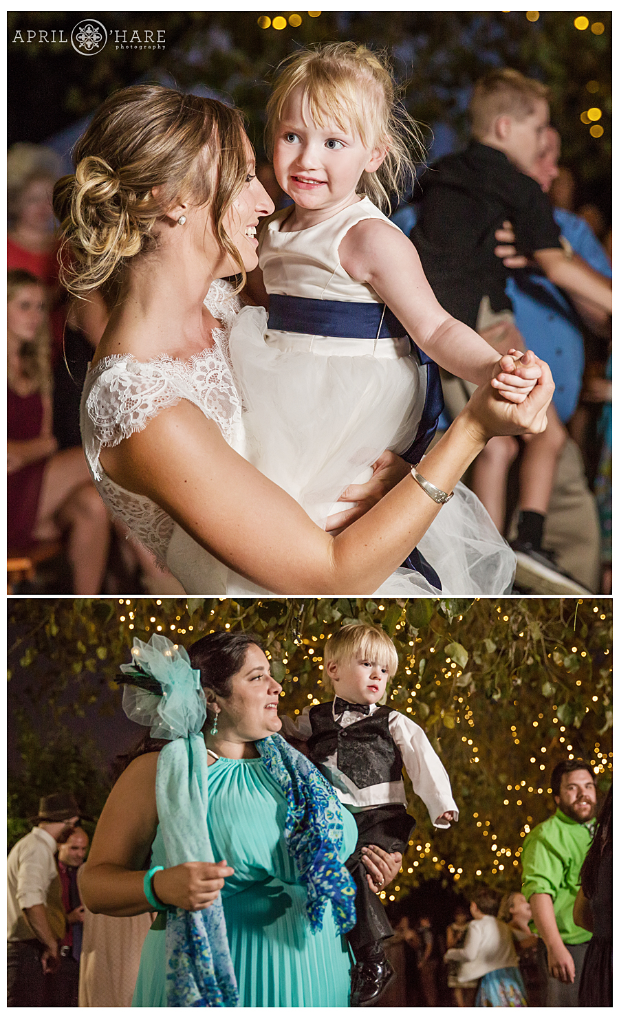 Pretty twinkle lights in the tree at Deer Creek Stables wedding reception dance floor photos