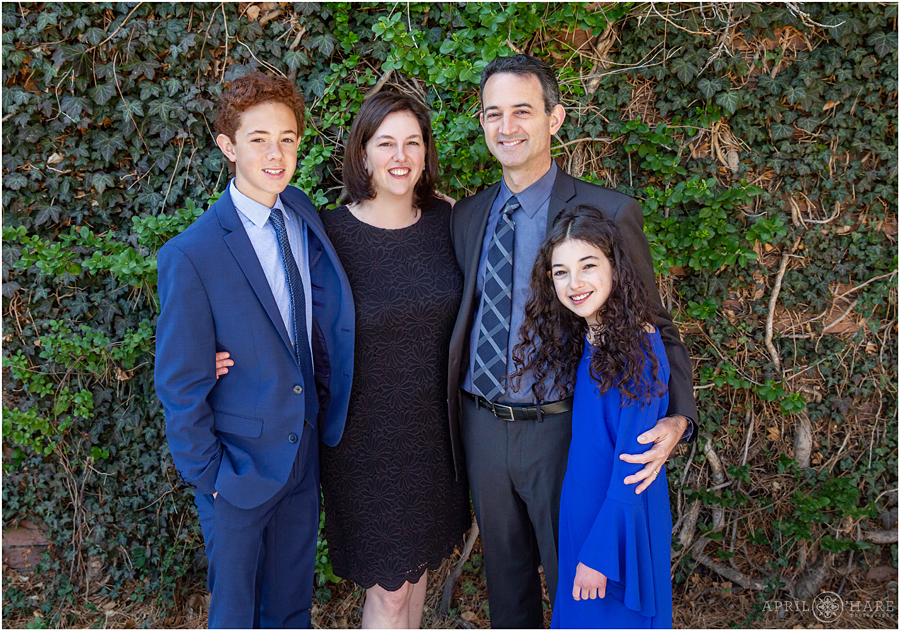 Beautiful family portraits in the courtyard prior to the Temple Emanuel Bat Mitzvah Service in Denver Colorado