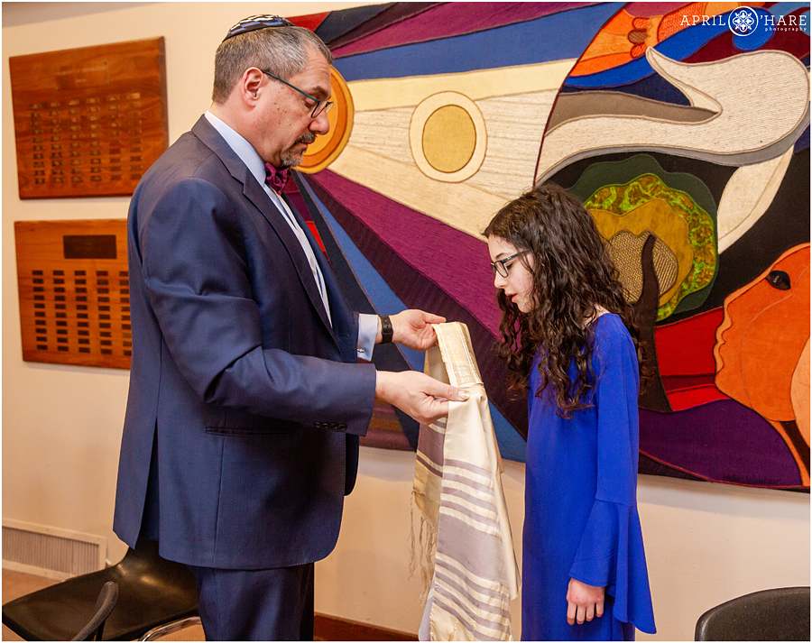 Blessing with Tallit prior to Temple Emanuel Bat Mitzvah Service in Denver Colorado
