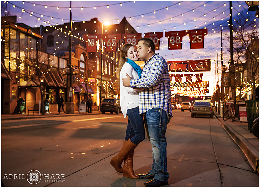 Larimer Square at Sunset with String Lights in Downtown Denver Engagement Photos during winter