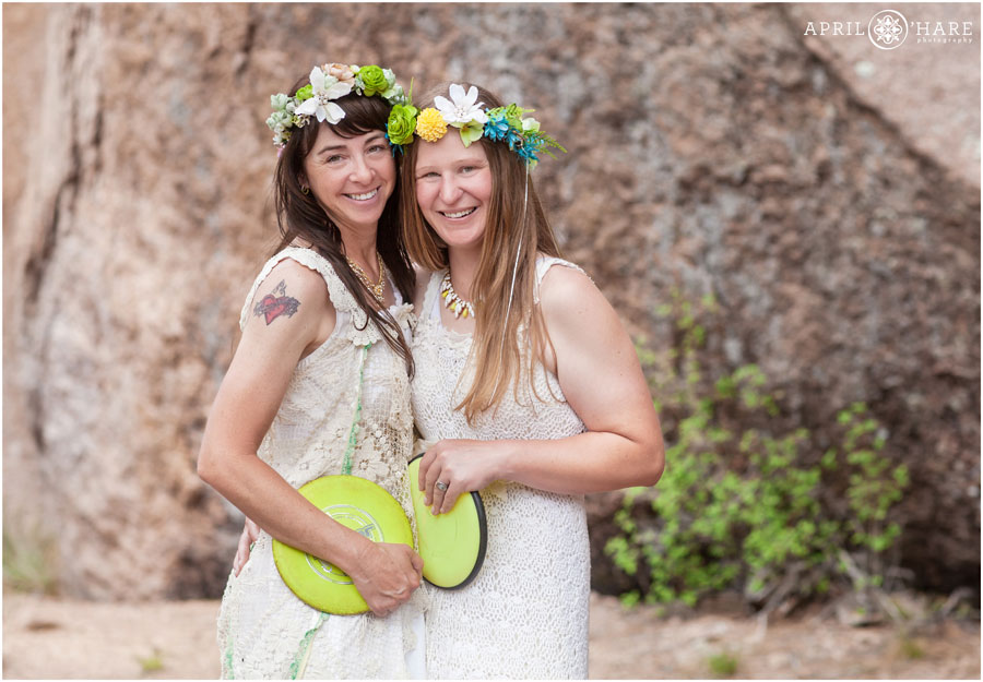 Disc golf loving brides at Bucksnort Disc Golf at their Colorado Lesbian Elopement
