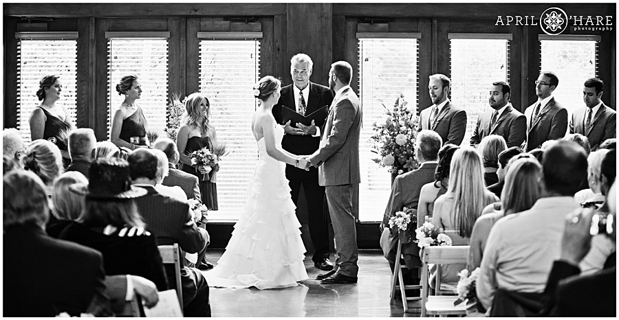 Indoor Vail Wedding Ceremony with window backdrop at Donovan Pavilion