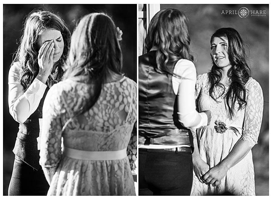 Sweet moment of bride crying during her Colorado Lesbian Wedding ceremony
