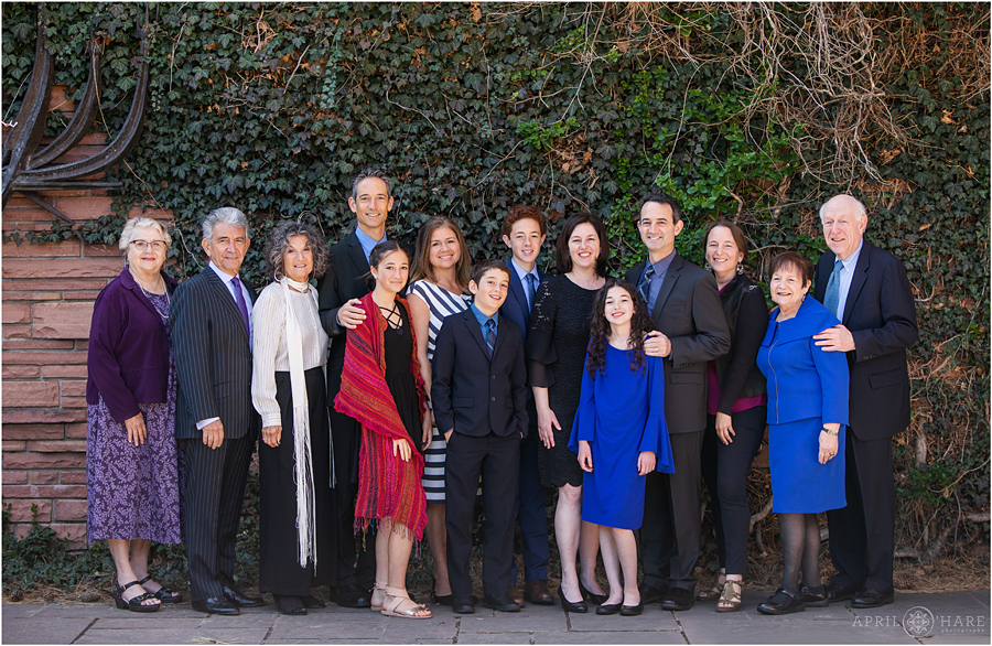 A large family group photo at Temple Emanuel Bat Mitzvah Celebration in Denver