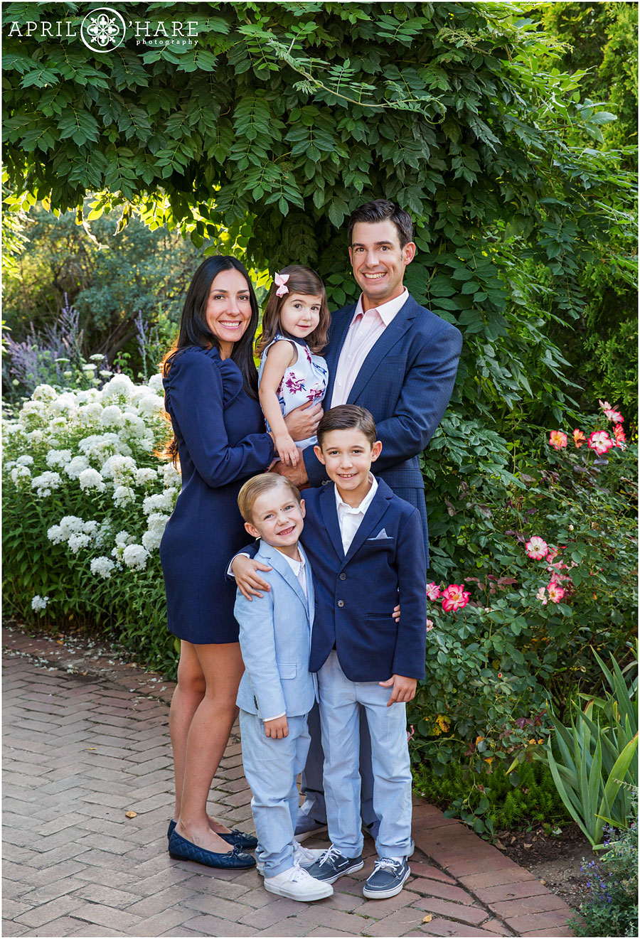 Denver Botanic Gardens Family Photos with blue formal clothing during summer