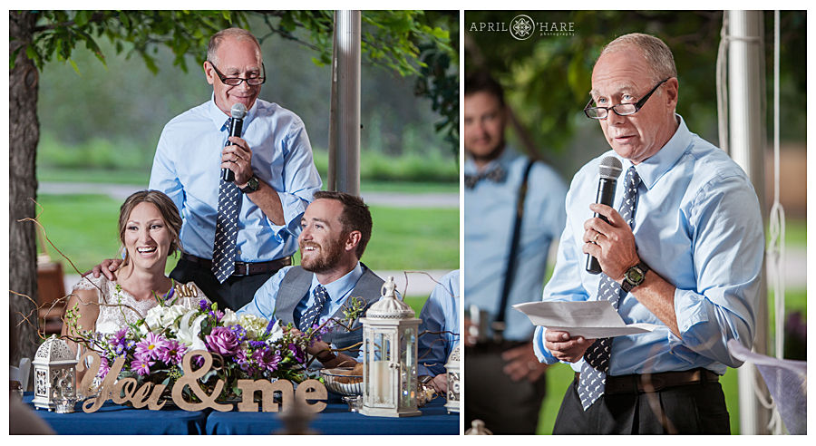 Wedding speech at Chatfield Farms Deer Creek Stables reception photography in Colorado