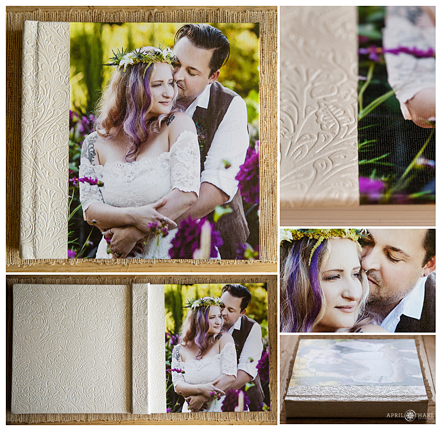Wedding Album made with white swirly leather from Finao with a canvas photo cover