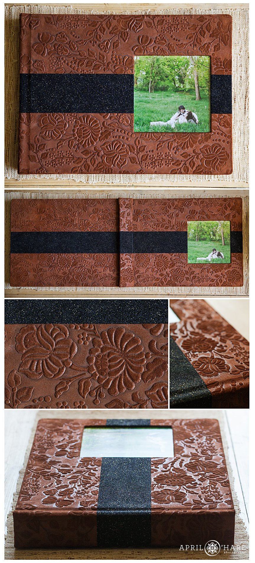 Brown Floral Wedding Album 12x16" from Finao using Black Glitterati Accent Stripe with Brown Floral Wallflower Leather 