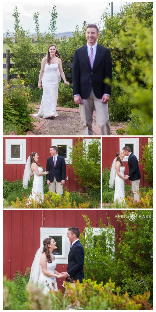 First Look Wedding Photos at a Denver Garden Wedding Venue Chatfield Farms in Colorado