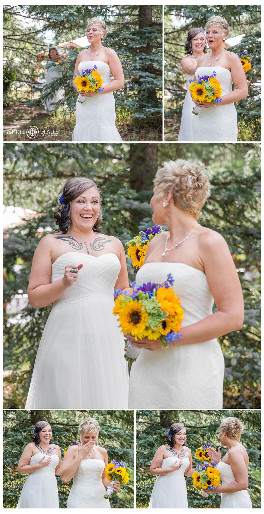 Super cute first look for two brides at their Backyard Lesbian Wedding in Colorado