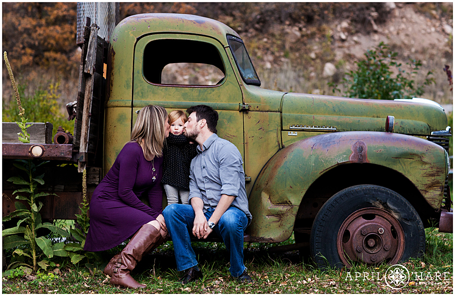 Cute Glenwood Springs Family Photos with Vintage green truck at Four Mile Creek Bed & Breakfast