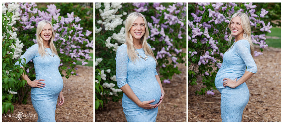Super cute pregnant lady posing for Spring Blossom Maternity Photos at City Park in Denver