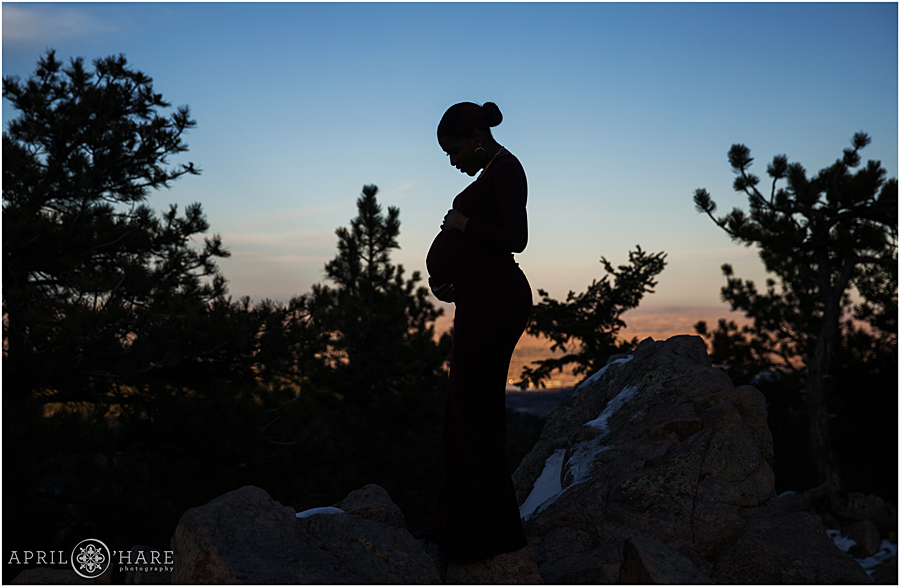 Pretty pregnant mama to be silhouette photo at Lost Gulch Overlook at Sunset at a Boulder Maternity Portrait Session 