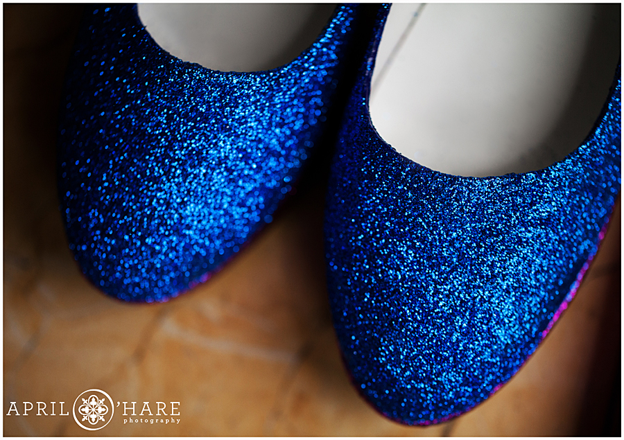Bright blue glitter wedding shoes for a downtown wedding in Denver