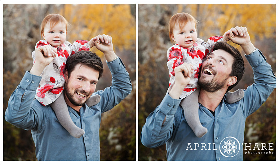 Daddy with red head baby girl on his shoulders at Aspen Glen Golf Club Family photography session